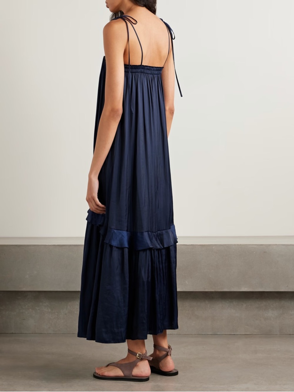 La Ligne Fleur Ruffled Crinkled-Satin Maxi Dress - Midnight Blue - L - Picture 2 of 4